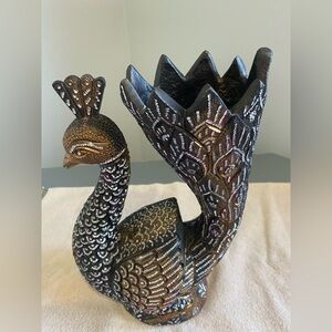 Vintage Decorative Metallic Peacock Statue Vase - Black and Gold from India